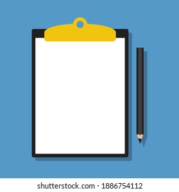 blank paper sheet in clipboard with pencil, flat vector illustration