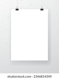 Blank paper sheet hanging on binder clips with white textured wall on background. Vertical poster template for advertising design, party invitation, business presentation. Realistic vector mockup