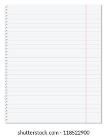 Blank paper sheet with lines, margin and holes. Vector illustration.