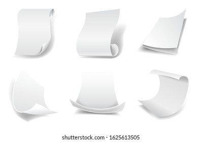 Blank paper sheet mock up set. Realistic white, empty page with curled corner collection. Classic documents, message, place for your text. Isolated graphic vector illustration.