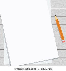 Blank paper sheet mock up. Flat vector cartoon illustration. Objects isolated on light wooden background.