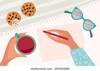 Blank paper sheet on table, person going to write something. Letter pattern, hand with pen, hand with tea mug, cookies, eyeglasses. note, letter, essay. Flat vector illustration