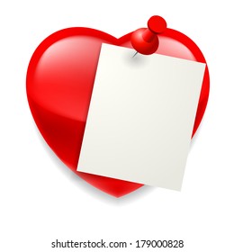 Blank paper sheet pinned on red shiny heart