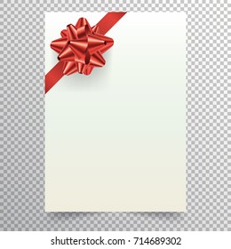 Blank paper sheet with red ribbon and conical bow. White blank a4 page isolated on transparent background. Applicable for christmas or birthday invitation design and greeting card. Vector eps 10.