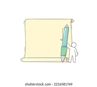 Blank paper sheet scroll, pen and doodle man. Icon of document, message, diploma, banner with empty note, paper page with rolled edges isolated on white background, vector hand drawn illustration