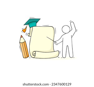Blank paper sheet scroll, pencil and doodle man, message, banner with empty note isolated on white background, vector hand drawn illustration