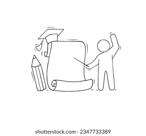 Blank paper sheet scroll, pencil and doodle man, message, banner with empty note isolated on white background, vector hand drawn illustration