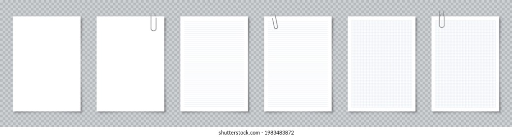 Blank paper sheets in A4 format with metal clip, holder on transparent background. Notebook page, document. Design template or mockup. Vector illustration.