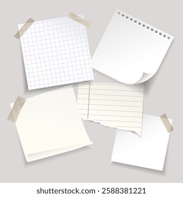 Blank paper sheets in different styles,including grid, lined, and torn pages, some taped to a surface Set for note taking concepts,stationery designs scrapbooking,creative projects.Vector illustration