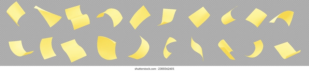 Blank paper sheets, document pages and office notes fly in air. 3d empty yellow stickers with curl corners fall isolated on transparent background, vector realistic set