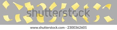 Blank paper sheets, document pages and office notes fly in air. 3d empty yellow stickers with curl corners fall isolated on transparent background, vector realistic set