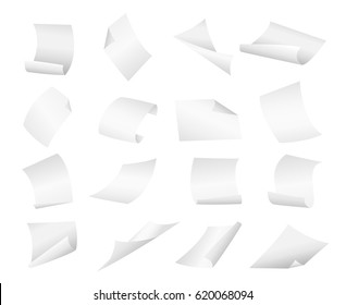 Blank paper sheets falling down. Illustration on white background.Flying blank paper sheets with curved corner. Vector page on white background illustration