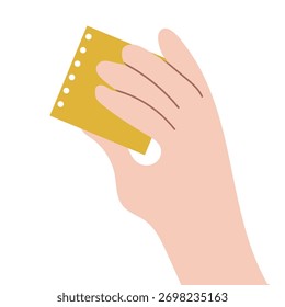 Folhas de papel em branco na mão. Segurando placa de sinais, mostrando fundos de publicidade, cartões limpos. Braço com cartaz claro, espaço para a informação. Ilustração de vetor plana, desenhada à mão.