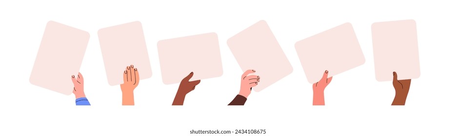 Blank paper sheets in hands set. Holding sign boards, showing advertising backgrounds, clean cards. Arms with clear poster, space for information. Flat vector illustration isolated on white background