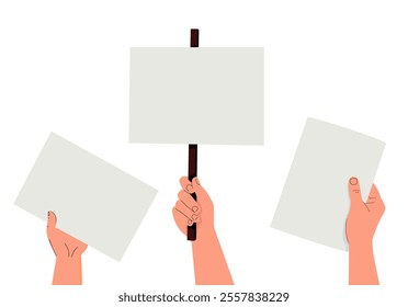 Blank paper sheets in hands set. Holding sign boards, showing advertising backgrounds, clean cards. Arms with clear poster, space for information. Flat vector illustration isolated on white background