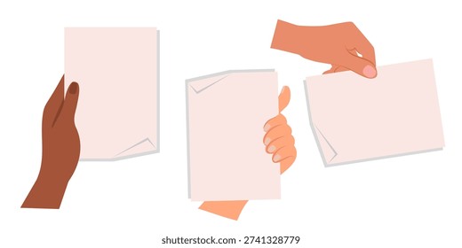 Blank paper sheets in hands set. Holding sign boards, showing advertising backgrounds, clean cards. Arms with clear poster, space for information. Vector illustration.