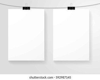 Blank paper sheets hanging on clips. Vector isolated mock up template on gray background