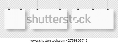 Blank paper sheets hanging on binder clips. Collection of paper pages, sheets canvas hanging on a ropes. Vector illustration with realistic paper sheets isolated on checkered background.