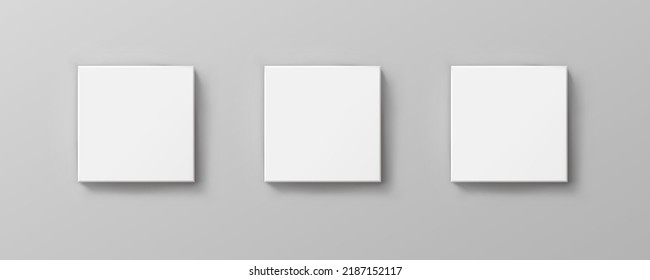 Blank paper sheets, picture canvas, wall displays isolated on gray background. Vector white posters with shadow square format mockup. Plastic banners, labels set