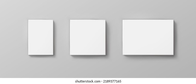 Blank paper sheets, picture canvas, wall displays isolated on gray background. Vector white posters with shadow A4 format mockup. Plastic banners, business cards or labels set