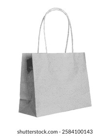 Blank paper shopping bag with handles, ideal for retail, gift packaging, or grocery use. Recyclable and disposable container for merchandise and purchases. Isolated on white background.