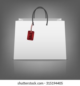 Blank paper shopping bags set isolated on white with reflection. Vector EPS10 illustration. Blank paper shopping bags with sale tag. Vector EPS10 illustration.