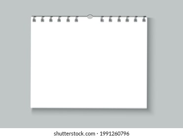 Blank, paper spiral bound notebook. Blank tear-off calendar mockup with black staples. Important reminder notes. Stationery. Vector illustration.
