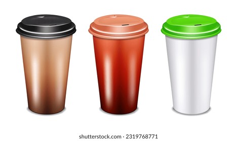 Blank paper takeaway coffee cup with plastic lid realistic mock-up. Color mockup set. Easy editable vector illustration