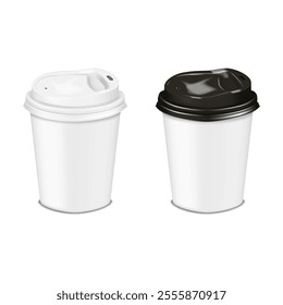 Blank paper takeaway to go coffee cup with black and white plastic lid. 3d vector mock-up. Hot or cold drink 200 ml disposable mug. Realistic mockup. Takeout beverage container. Template for design