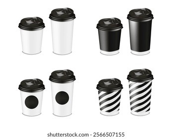 Blank paper takeaway to go coffee cup with plastic lid. 3d vector mock-up set. Black and white design. Hot or cold drink disposable mug. Realistic mockup kit. Takeout beverage container. Template