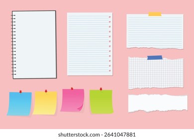 Blank paper with tape, paper clip sticky note, notebook page design templates	
