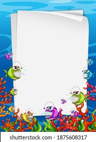 Blank paper template with angler fishes cartoon character in the underwater scene illustration