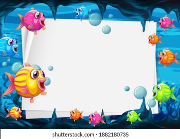 Blank paper template with exotic fishes cartoon character in the underwater scene illustration