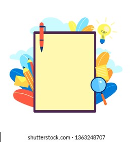 Blank paper template or frame with space for your text. Stylish frame on the topic of education. Vector illustration, background in trendy colorful flat style
