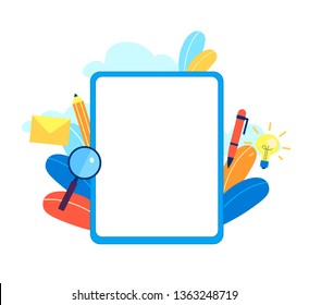 Blank paper template or frame with space for your text. Stylish frame on the topic of education. Vector illustration, background in trendy colorful flat style
