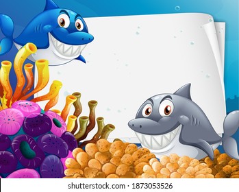 Blank paper template with many sharks cartoon character in the underwater scene illustration