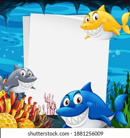 Blank paper template with many sharks cartoon character in the underwater scene illustration
