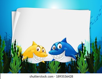 Blank paper template with many sharks cartoon character in the underwater scene illustration