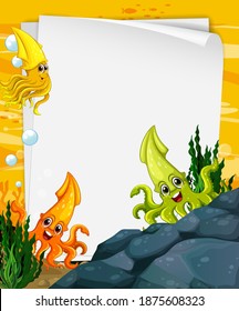 Plantilla de papel en blanco con muchos personajes de dibujos animados de calamares en la ilustración submarina
