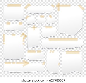 Blank paper torn page notes. Office notepaper sheets isolated on transparent background. Collection of template paper sticker. Sheet page for reminder message .Vector illustration