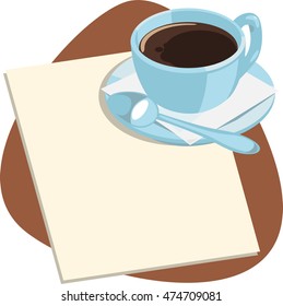 Blank paper under coffee cup with coffee on saucer, spoon and napkin. Isolated. Brown background.