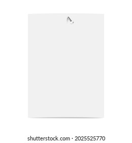 Blank paper vertical sheet nailed to wall with nail, realistic vector illustration isolated on white background. Empty paper hanging on hammered metal nail.
