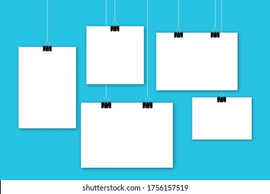 blank paperon clip poster wall vector. isolated photo frame paper mockup. board card template on string. stock illustration 