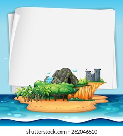 Blank papers with island and castle background