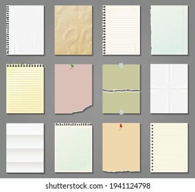 Blank papers set. Vector paper sheets with lines and squares for memo.