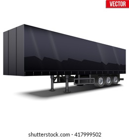 Blank Parked Black Semi Trailer With Canvas Cover. Perspective Side View. Vector Illustration Isolated On White Background