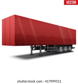 Blank parked red semi trailer with canvas cover. Perspective side view. Vector Illustration Isolated on white background