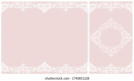 blank Party Invitation Background with white ornament and pink striped background. consist of 2 papers one with a frame in the middle.