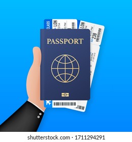 Blank passport template and airline tickets. International passport with sample personal data page. Vector stock illustration