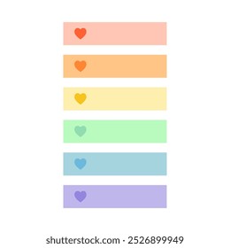 Blank pastel heart label tapes for text collection. Planner, organizer, reminder concepts. Flat decorative vector design isolated illustration.